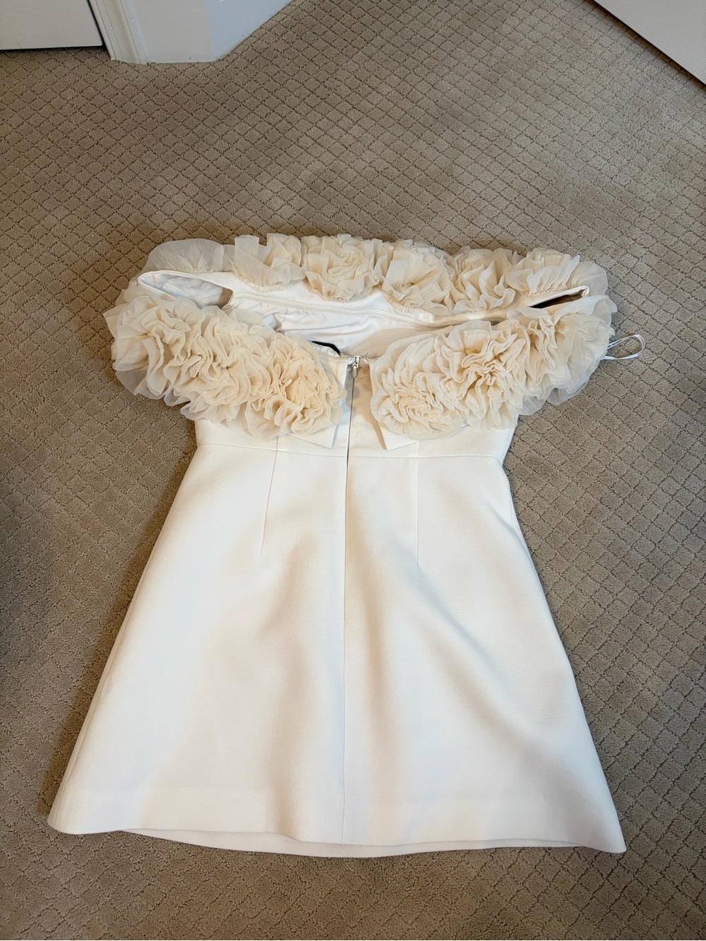 Off-Shoulder Cream Mini Dress with Floral Ruffle - Picture 3 of 4